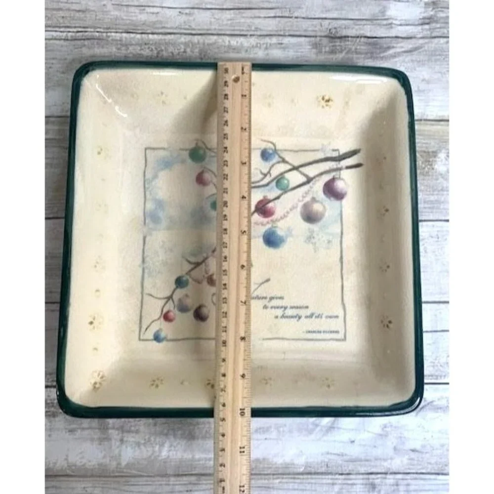 Russ Berrie 10 Inch‎ Square Ceramic Plate with Festive Ornament Design